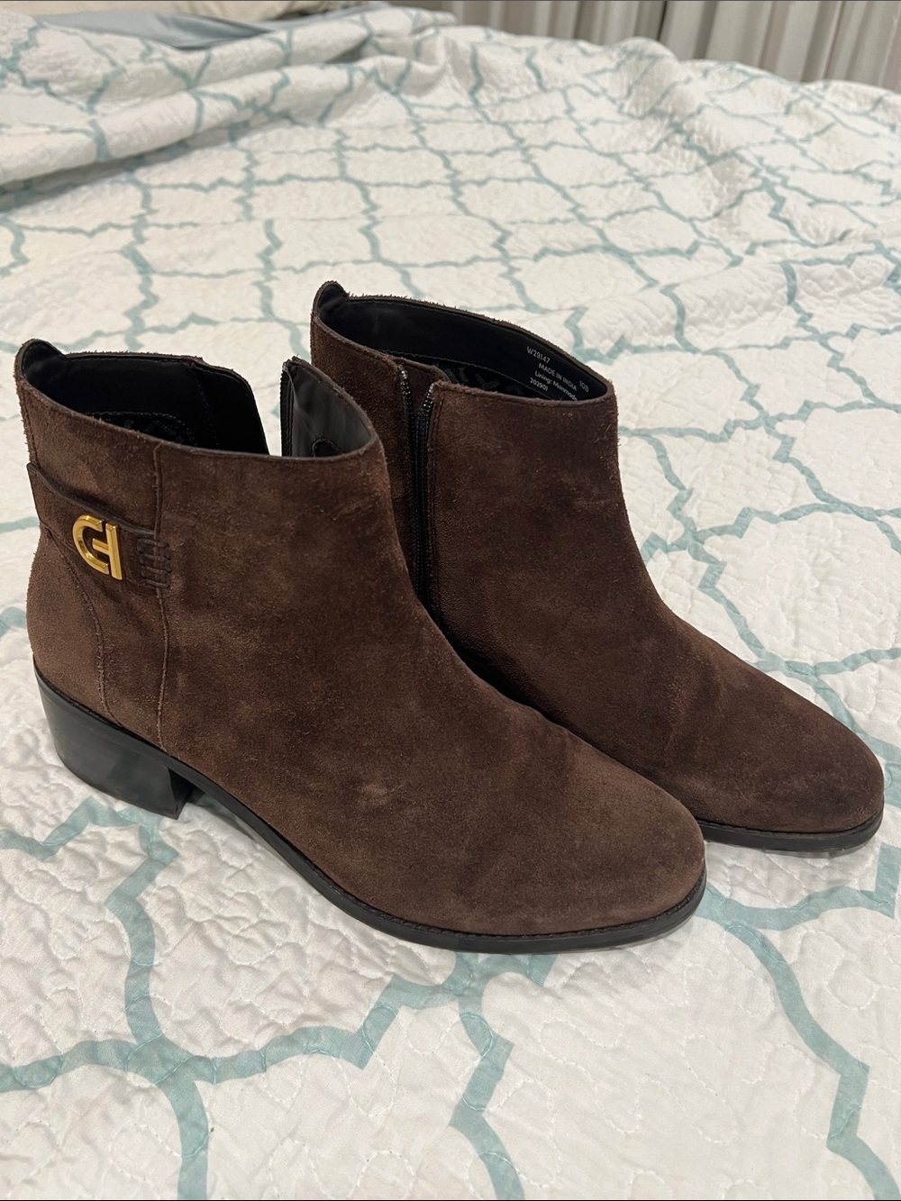 Cole Haan Brown Suede Women's Ankle Boots with Gold Accent